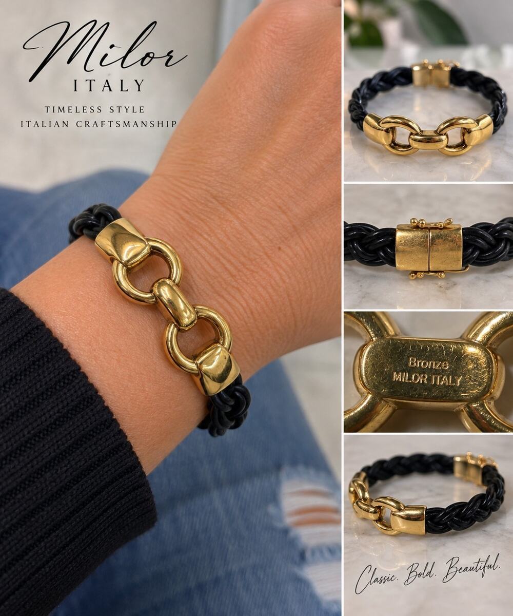 Milor Italy Bronze Bracelet Black Braided Leather Gold Tone Horsebit 7" Signed